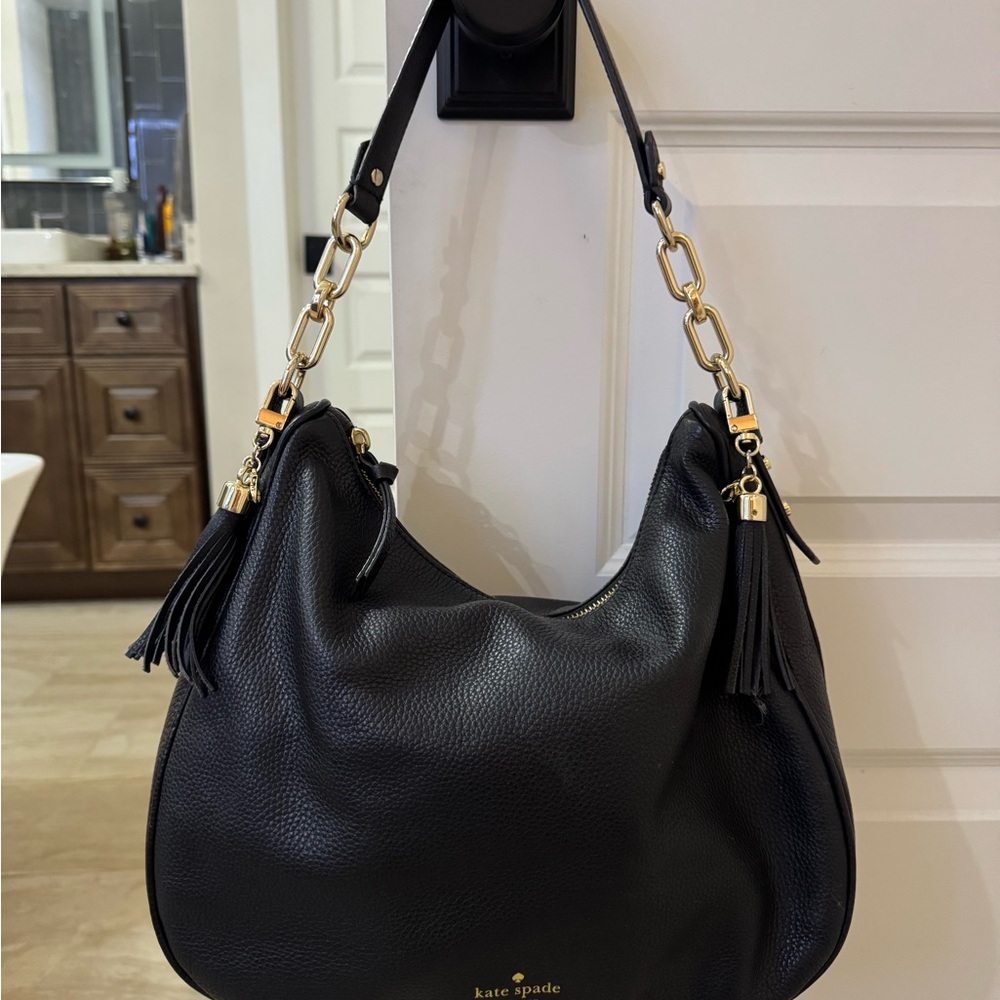 Kate Spade Black Leather Hobo with Gold Chain
